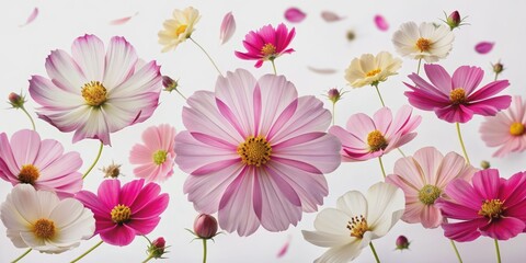 Obraz premium Floating Cosmos Blooms, white background, pink, yellow, close-up, flower petals, bloom