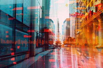 Graphs and charts overlaid on buildings in a creative double exposure