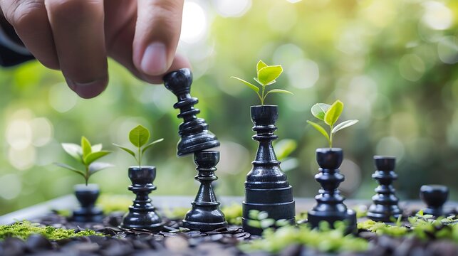 Chess Pieces with Growing Plants, Strategy and Growth Concept