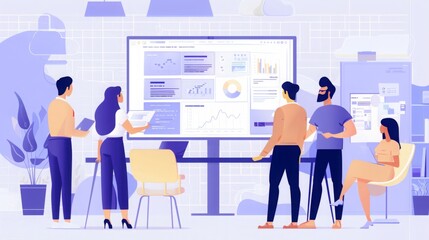 Illustration of a diverse team collaborating on data analysis and project planning in a modern office workspace with digital screens
