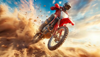 Motorcyclist performing a jump over an obstacle at a motocross track, executing an exciting stunt