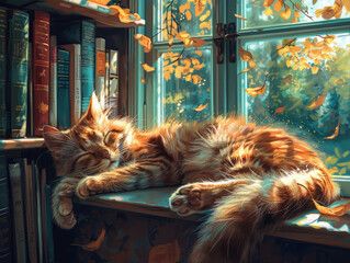 A vivid illustration of a cat napping on a windowsill, serene expression, top-down view.