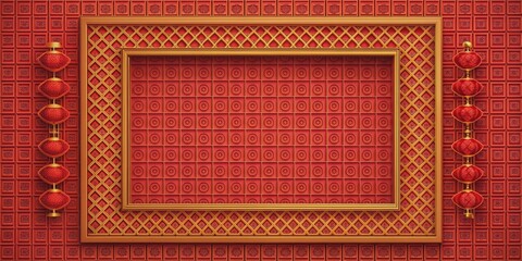Golden Frame with Red Lanterns on Intricate Patterned Wall, Chinese New Year, Asian Design, Decor, Red and Gold, Chinese New Year, Asian Design