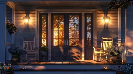 Warm and Inviting Front Porch Scene at Sunset for Comfort and Community Themes