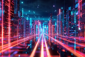Glowing neon lights illuminating a futuristic cyberpunk cityscape for a dystopian future theme