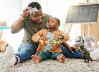 Mom, girl and happy with playing in home with toys for fun, education and child development....