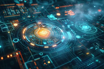 Abstract digital interface displaying futuristic technology concepts for innovation and advancement