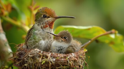 Obraz premium Mother hummingbird and chick in nest surrounded by lush greenery, capturing the essence of nature and wildlife.