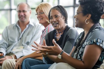 Diverse group engaged in a lively discussion during a team meeting