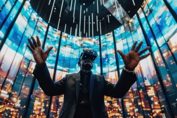 A man in a suit using a VR headset, fully immersed in a virtual reality environment.