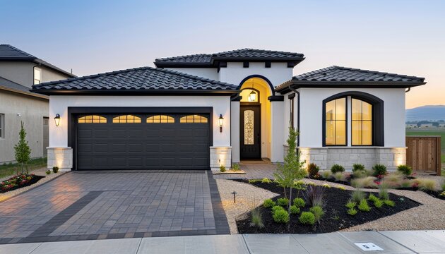 Elegant spanish style home with white and black design, dark brown accents, and paver driveway