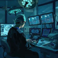 A surgeon working in a high-tech control room with multiple monitors.