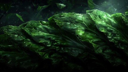   A macro shot of fresh lettuce leaves with water droplets