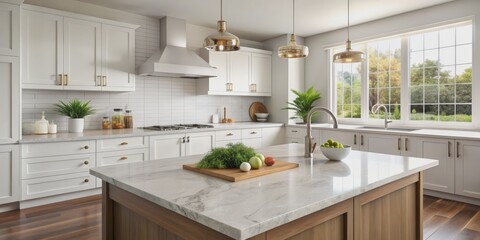 Fototapeta premium Modern Kitchen Island with White Cabinets and Marble Countertop, kitchen design , interior design , home decor , kitchen renovation