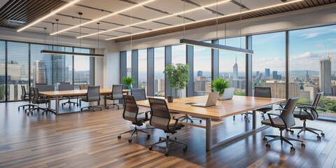 Modern Office Interior with City View, 3D Rendering, Wooden Floor, Conference Room, office space, interior design, modern architecture