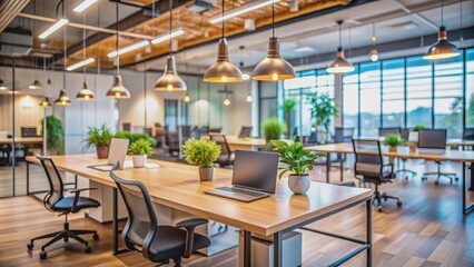 Modern Office Interior with Desk, Laptop and Plants, office interior, coworking space, modern workplace, design inspiration