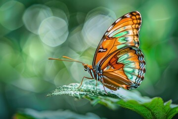 A butterfly is sitting on a leaf. The butterfly is orange and green. The leaf is green and has a shiny surface