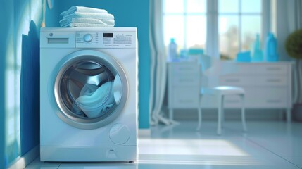 Modern Washing Machine with Laundry in Sunny Home Interior - Ideal for Design, Print, or Poster Use