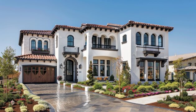 Elegant spanish style home with white and black facade, dark brown accents, and paver driveway