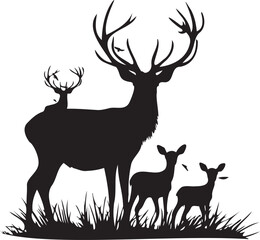 Deer with family black silhouette on white background 