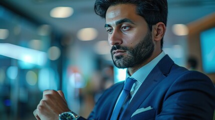Businessman looking at watch, time management, punctuality, sleek office setting.