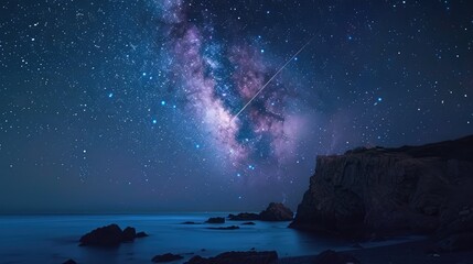 Orionid meteor shower over a rocky coastline