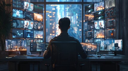 Business professional, high-speed internet, virtual meeting, multiple monitors, stylish office.