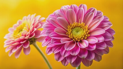 Obraz premium Pink Dahlia Bloom in Focus, Closeup, Yellow Background, Macro Photography, flower , petals , blossom