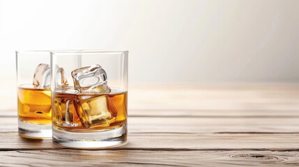 Three glasses of liquor are lined up on a wooden table