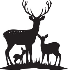 Deer with family black silhouette on white background 