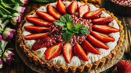   A pie with strawberries on top, on a wooden table near flowers and strawberries