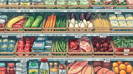 Categorized shopping list, produce, dairy, meats, household items, organization.