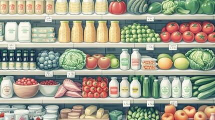 Categorized shopping list, produce, dairy, meats, household items, organization.