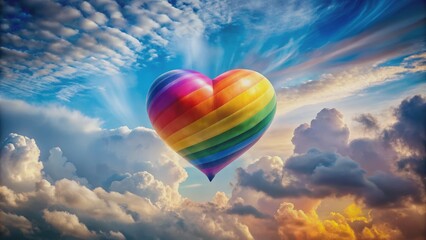 Fototapeta premium Rainbow Heart Hot Air Balloon Soaring Through Clouds, hot air balloon, rainbow heart, sky, clouds