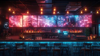 A futuristic coffee shop with holographic menus and neon seating, serving bioluminescent lattesub 