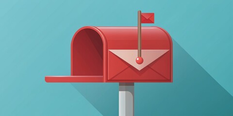 Red Mailbox with Envelope Flag on Teal Background, Illustration, Mailbox, Letter, Communication , ,