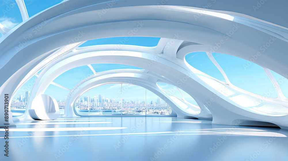 Poster Abstract architecture scene with smooth curves. Abstract background with futuristic building in white and blue colors.
