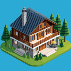 Isometric Mountain House Vector Illustration