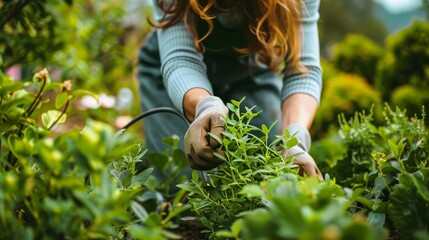 A person gardening, tending to plants and flowers with care