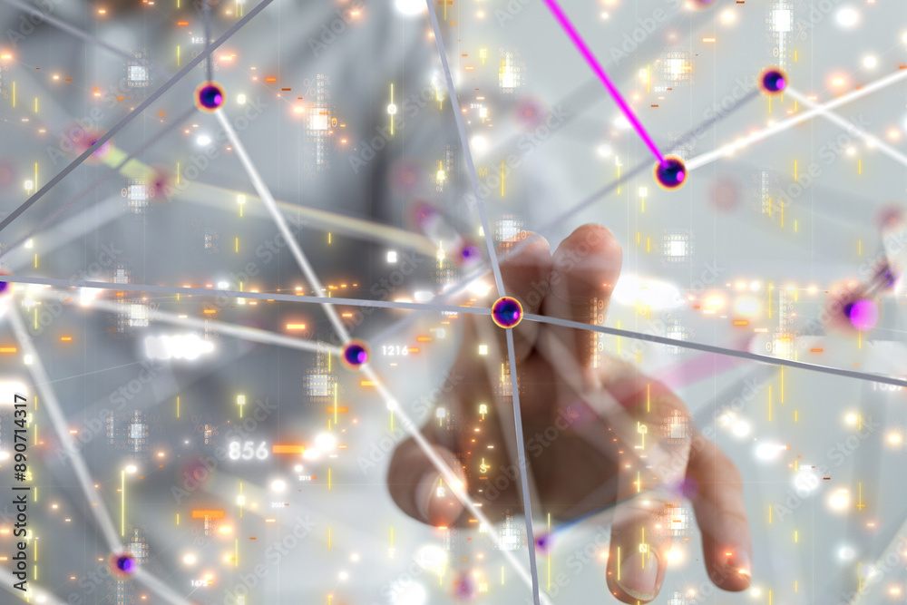 Poster Neural network 3D illustration. Big data and cybersecurity - 3d