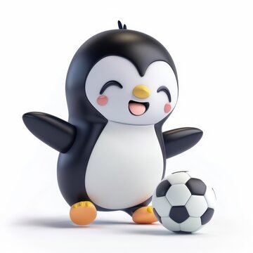 recommend clip art: The Clipart of A cheerful 3D kawaii penguin playing soccer on a white background, with a cute and happy look, sliding to hit the soccer ball