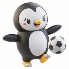 Obraz premium The Clipart of A cheerful 3D kawaii penguin playing soccer on a white background, with a cute and happy look, sliding to hit the soccer ball