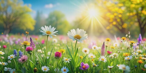 Fototapeta premium Sunny Meadow with Blooming Daisies, Flowers, Green Grass, Sunrays , field, nature, spring
