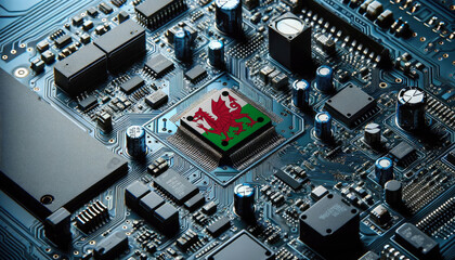 An intricate microchip with the Wales flag embedded, representing the innovation and technological advancements of the Wales in the field of electronics and microtechnology