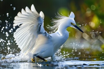 A white bird with a long tail is splashing in the water