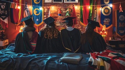Group of friends in graduation gowns and caps sitting on a bed decorated with college flags