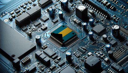 An intricate microchip with the Bahamas flag embedded, representing the innovation and technological advancements of the Bahamas in the field of electronics and microtechnology