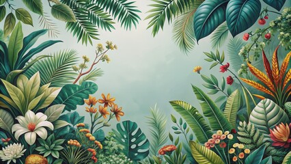 Tropical Paradise A Vivid Tapestry of Lush Foliage and Delicate Blooms, digital art, vibrant colors, botanical illustration, jungle, paradise, nature