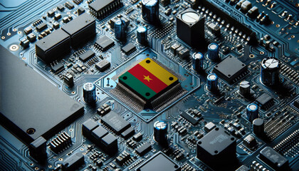 An intricate microchip with the Cameroon flag embedded, representing the innovation and technological advancements of the Cameroon in the field of electronics and microtechnology