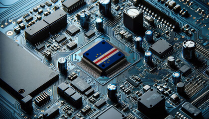 An intricate microchip with the Cape Verde flag embedded, representing the innovation and technological advancements of the Cape Verde in the field of electronics and microtechnology